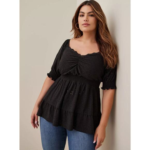 torrid Tops - NWT Torrid Eyelet Smocked Waist & Sleeve Sweetheart Top Black Plus Size 5 5X